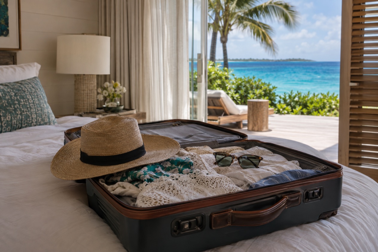 A suitcase packed for the beach