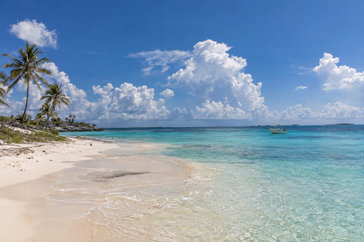 A white-sand beach in the Bahamas in summer