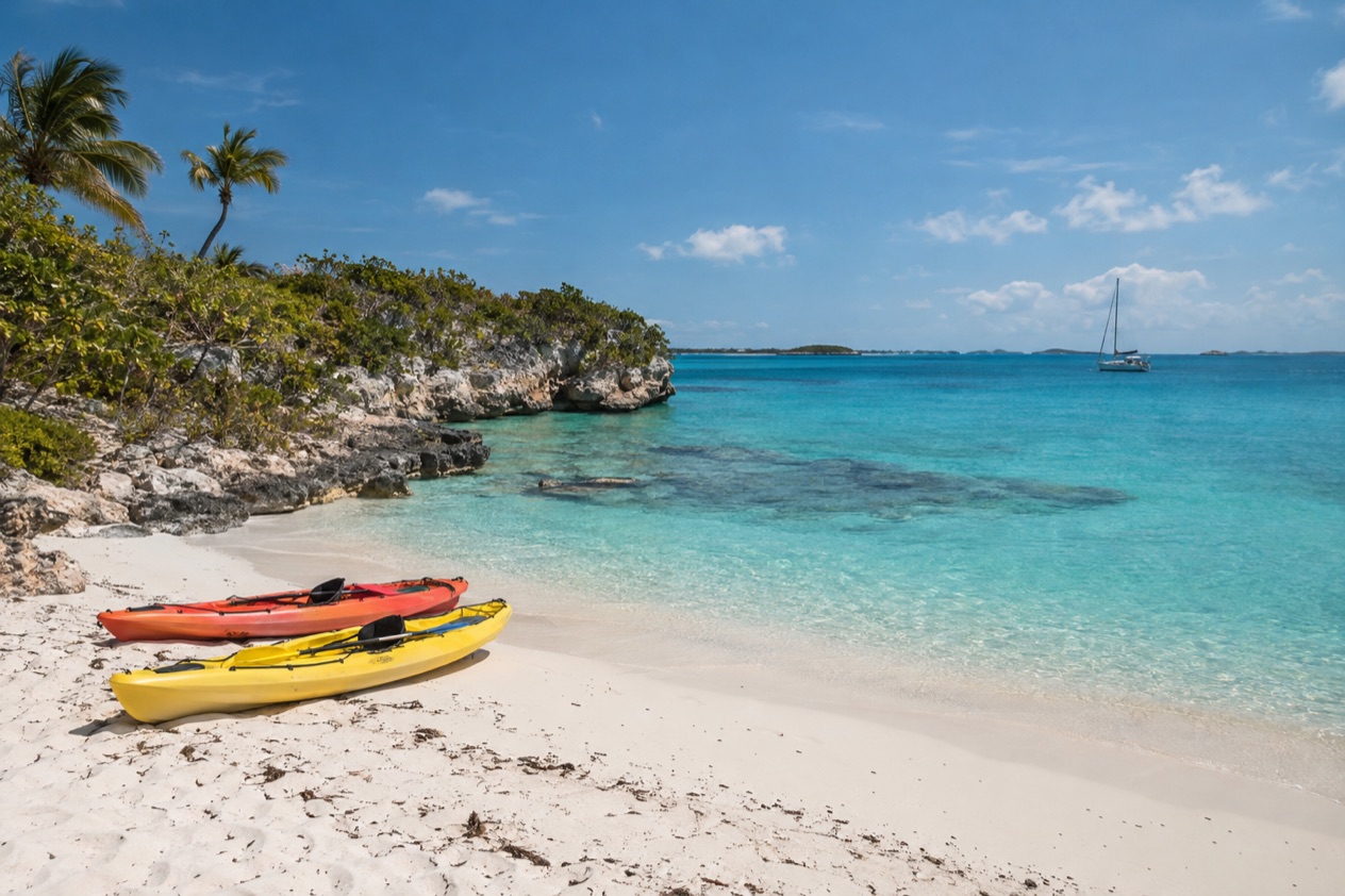 A beach with kayaks