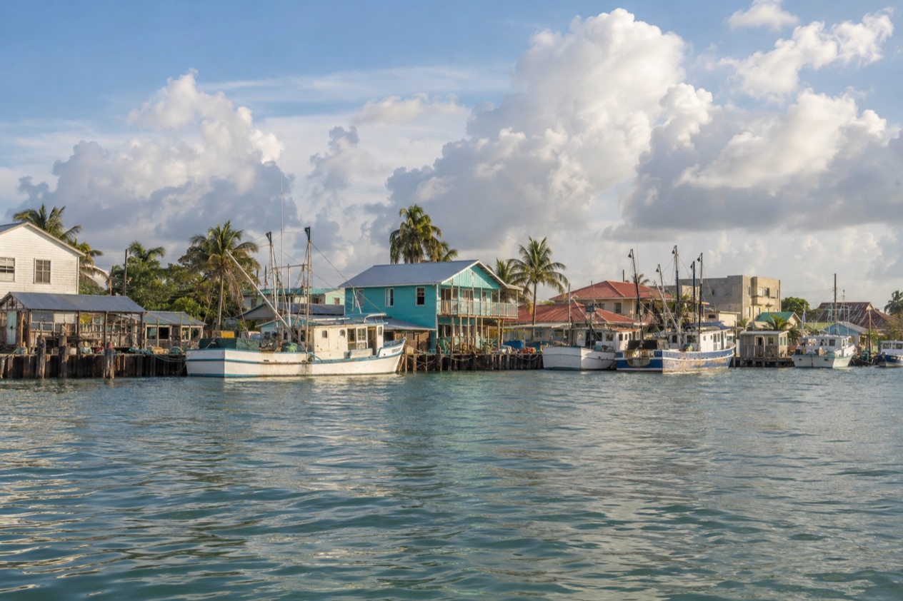 The waterfront of Belize City in the wet season