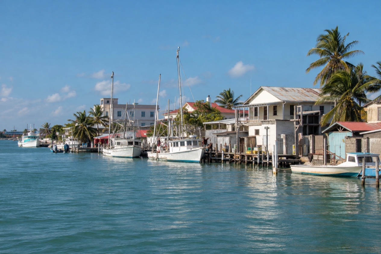 The waterfront of Belize City in the dry season