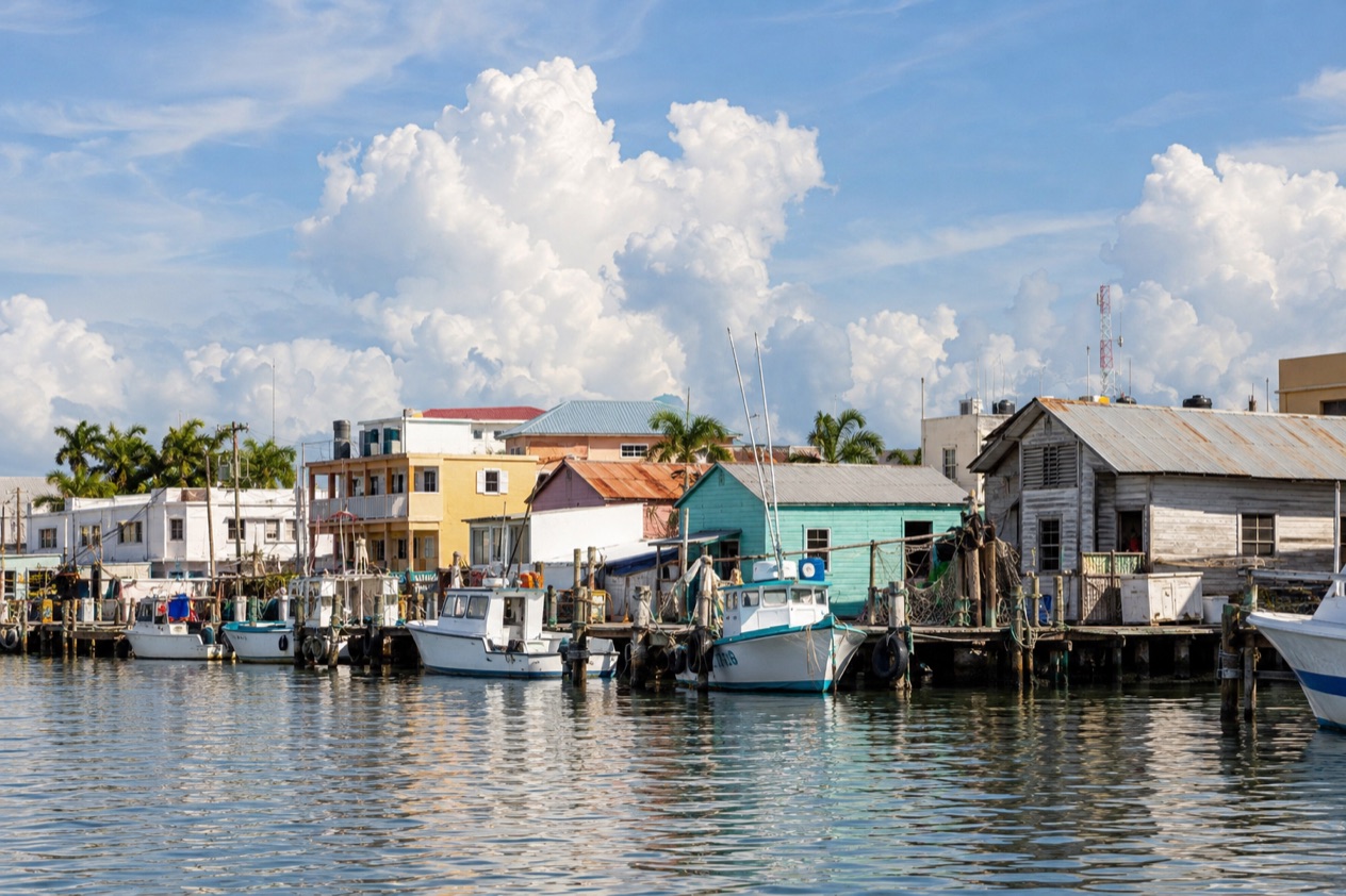 The waterfront of Belize City in the wet season