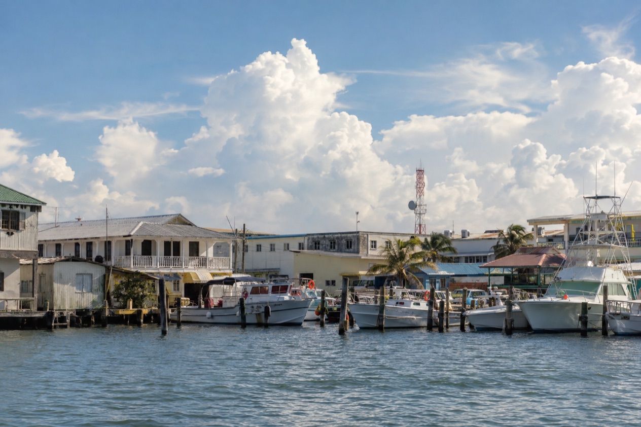 The waterfront of Belize City in the wet season