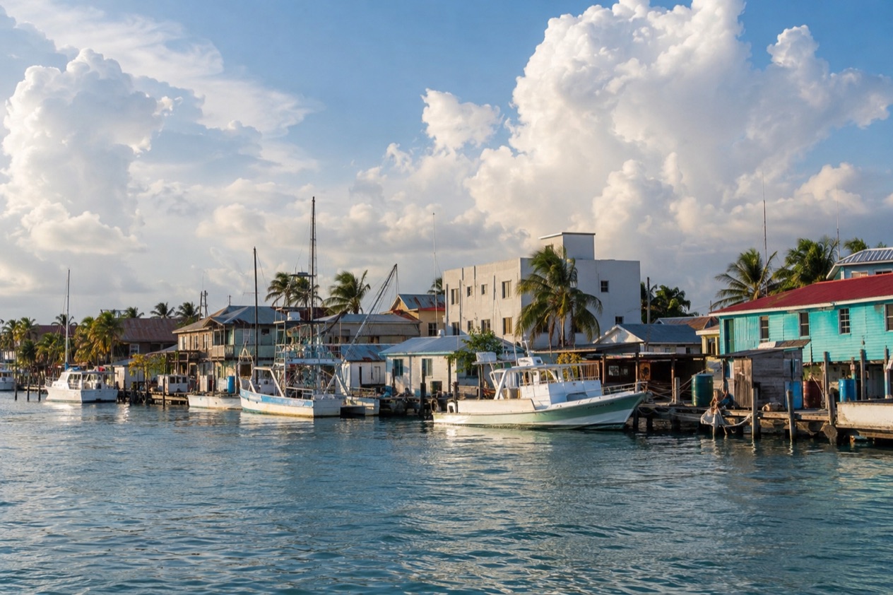 The waterfront of Belize City in the wet season