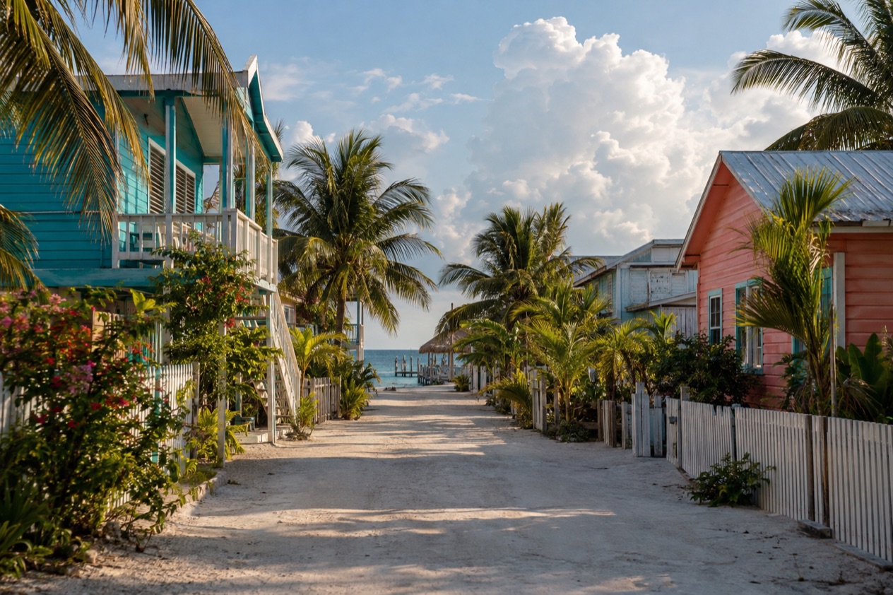 A sandy lane on Caye Caulker in the wet season