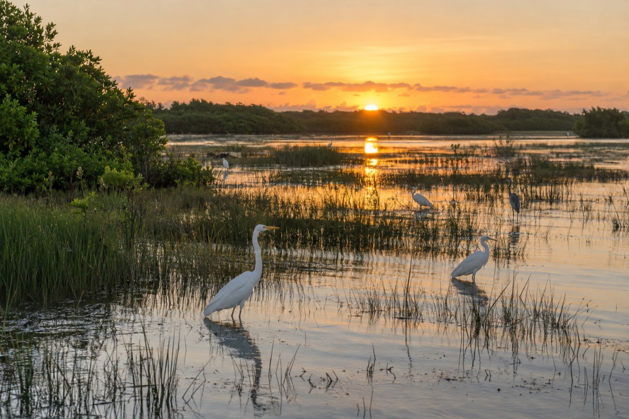 A lagoon with wading birds