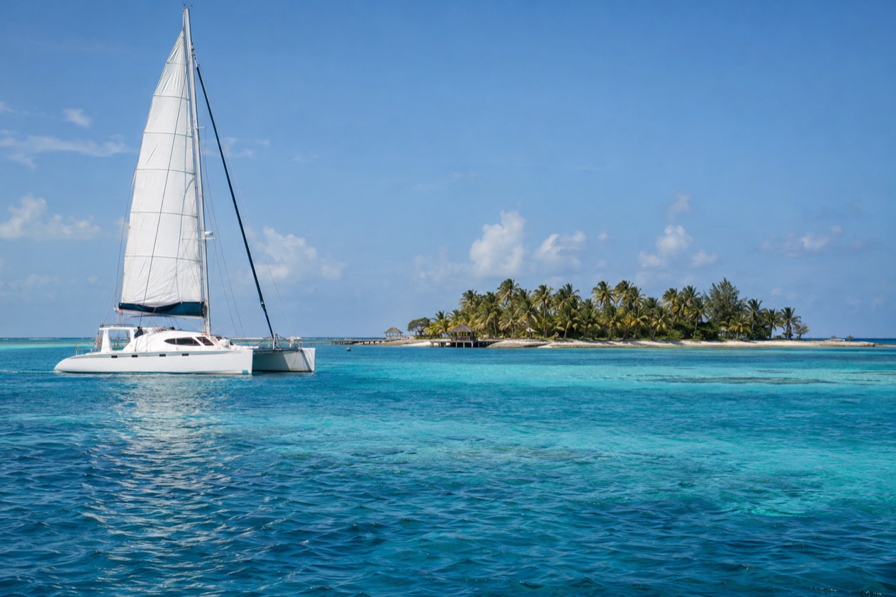 A catamaran near a caye