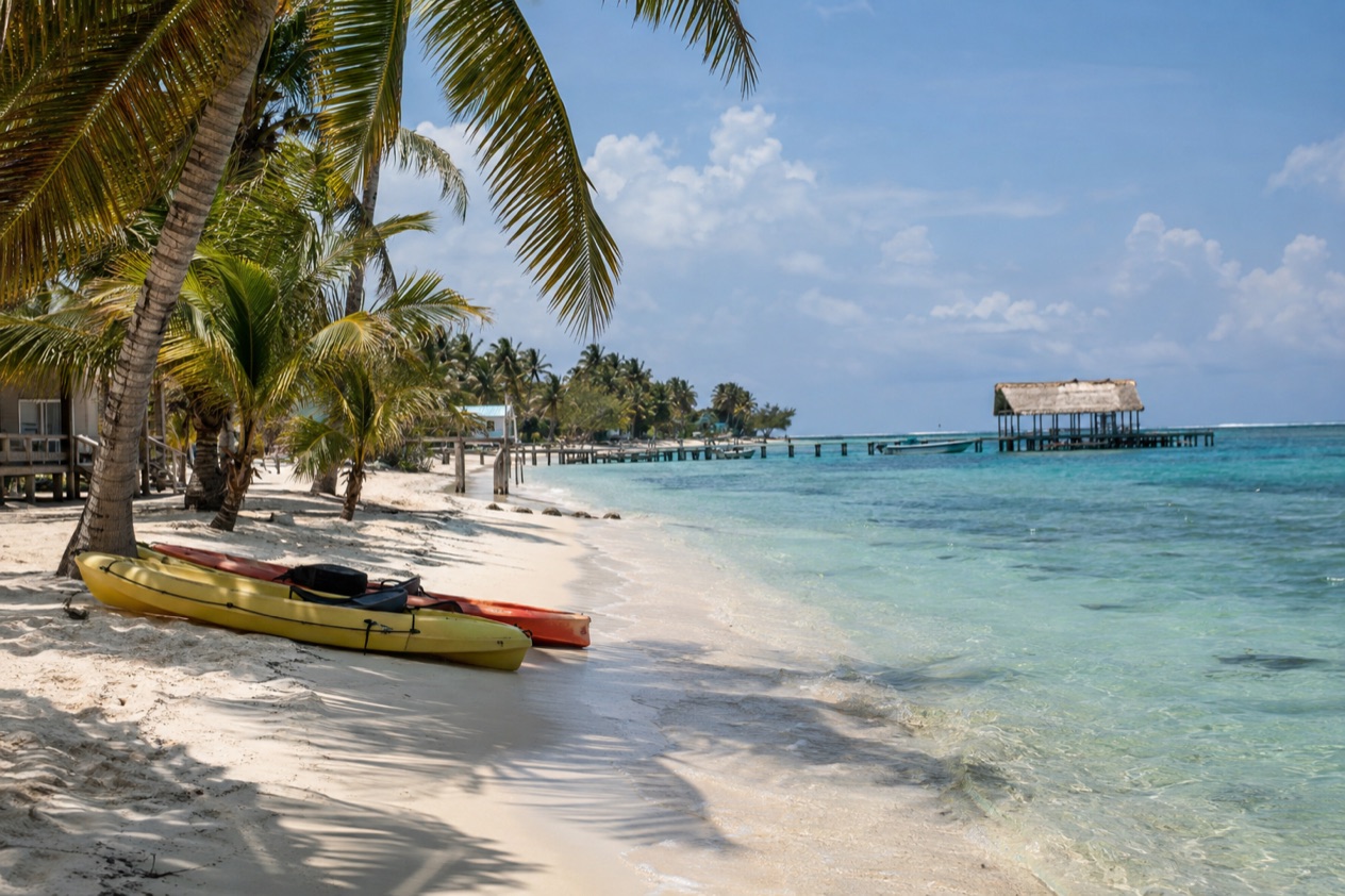 A beach with kayaks