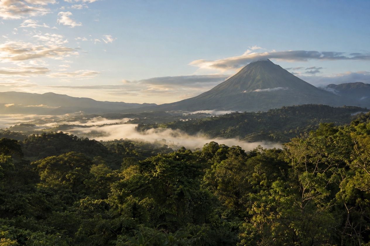 Green hills and a volcano in Costa Rica