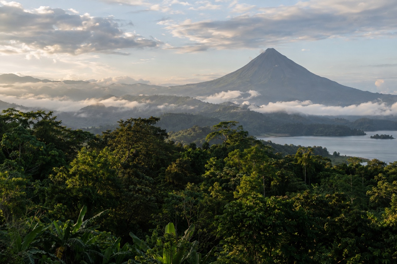 Green hills and a volcano in Costa Rica