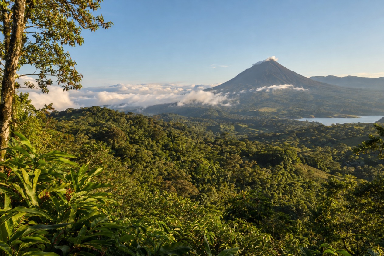 Green hills and a volcano in Costa Rica in the dry season