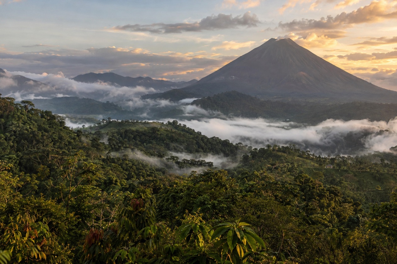 Green hills and a volcano in Costa Rica