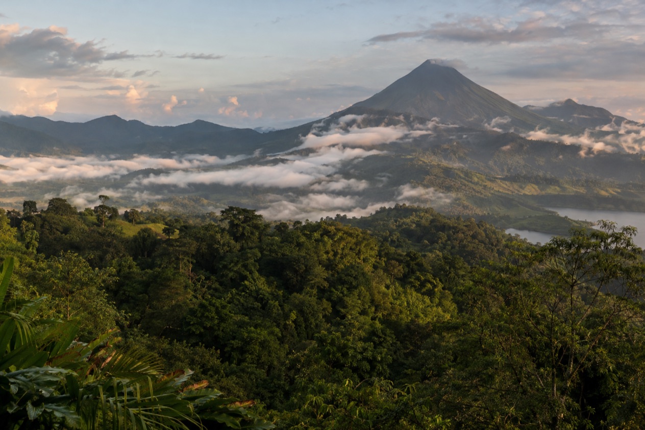 Green hills and a volcano in Costa Rica