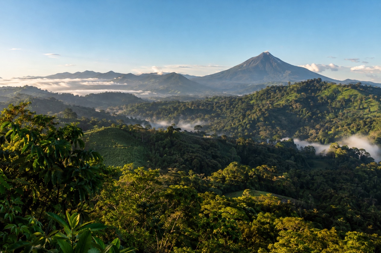 Green hills and a volcano in Costa Rica in the dry season