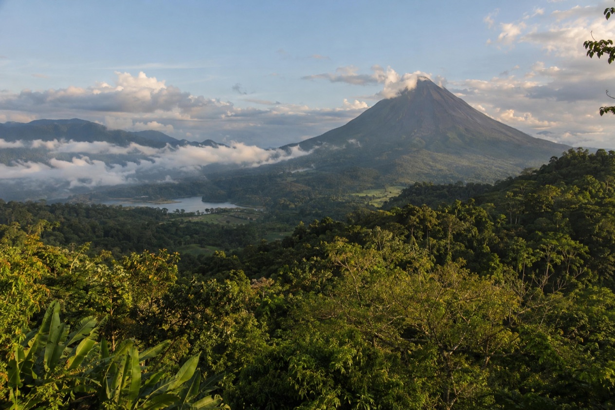 Green hills and a volcano in Costa Rica