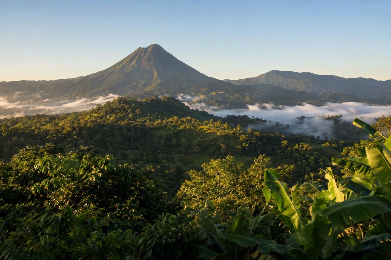 Green hills and a volcano in Costa Rica in the dry season