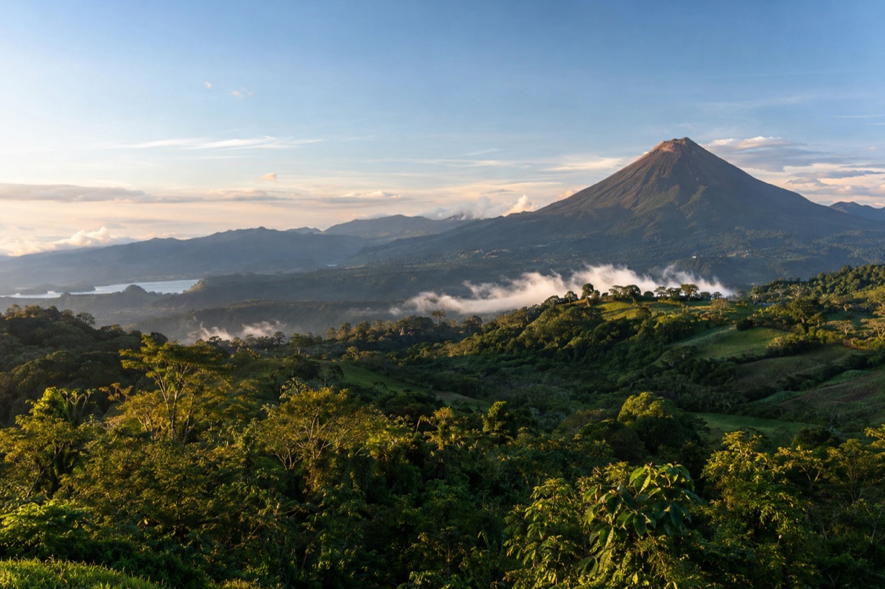 Green hills and a volcano in Costa Rica in the dry season