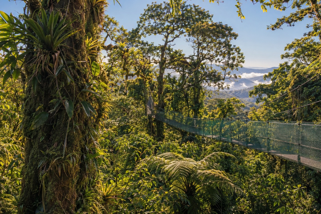 Cloud forest and a hanging bridge in Monteverde in the dry season