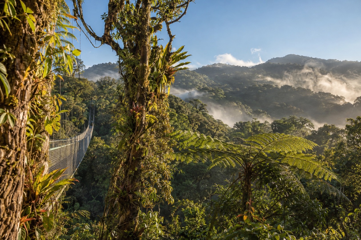 Cloud forest and a hanging bridge in Monteverde in the dry season