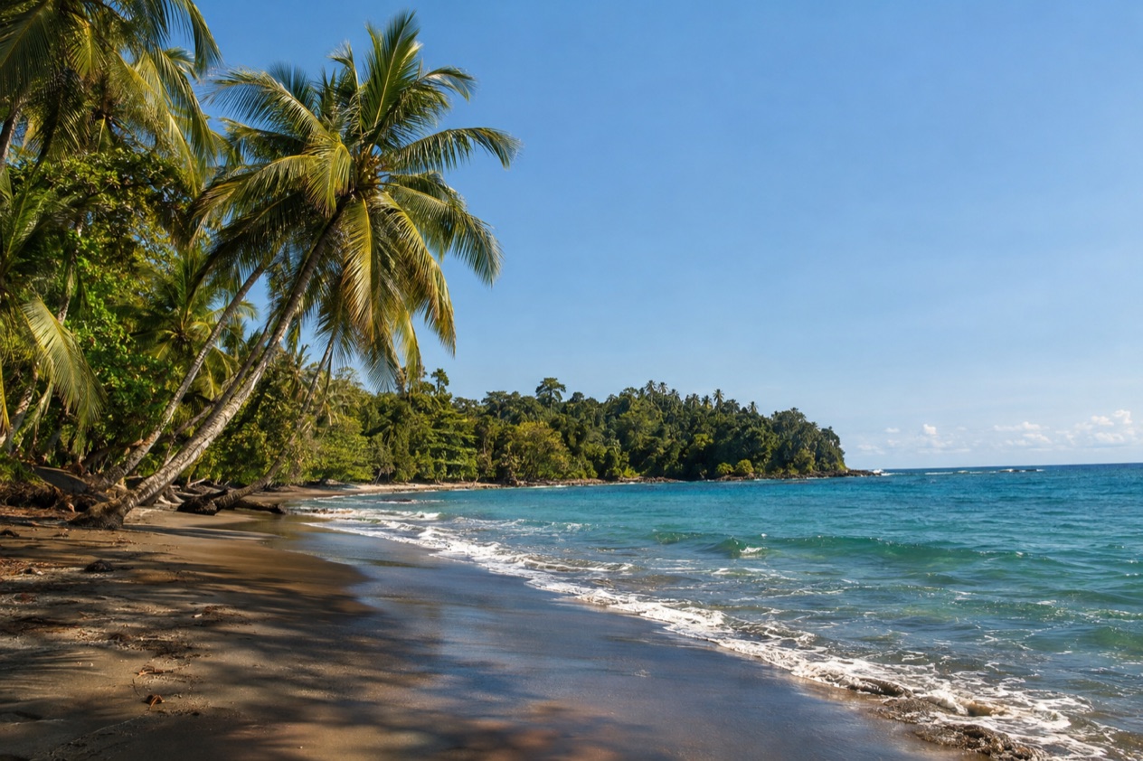 A palm-lined Caribbean beach near Puerto Viejo in the dry season