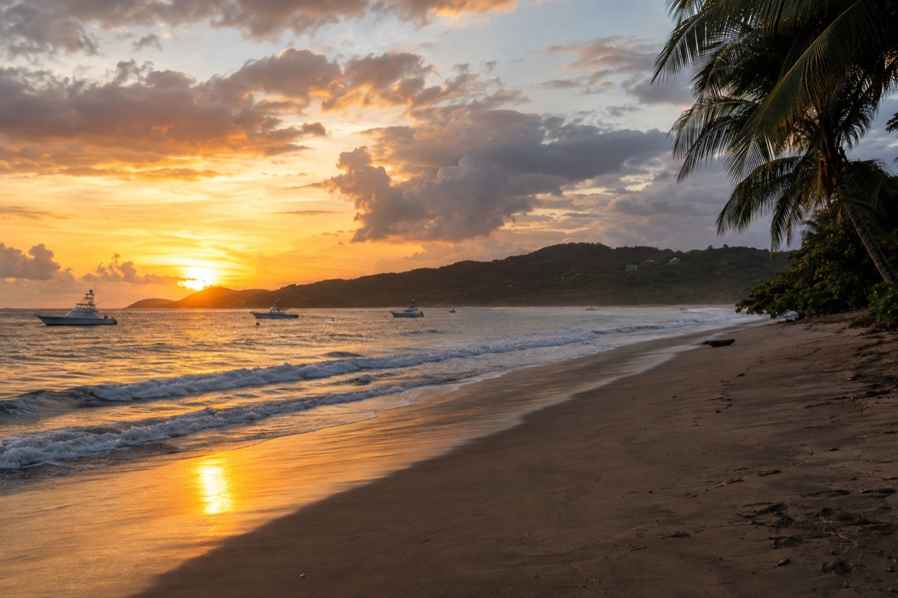 The beach at Tamarindo at sunset in the green season