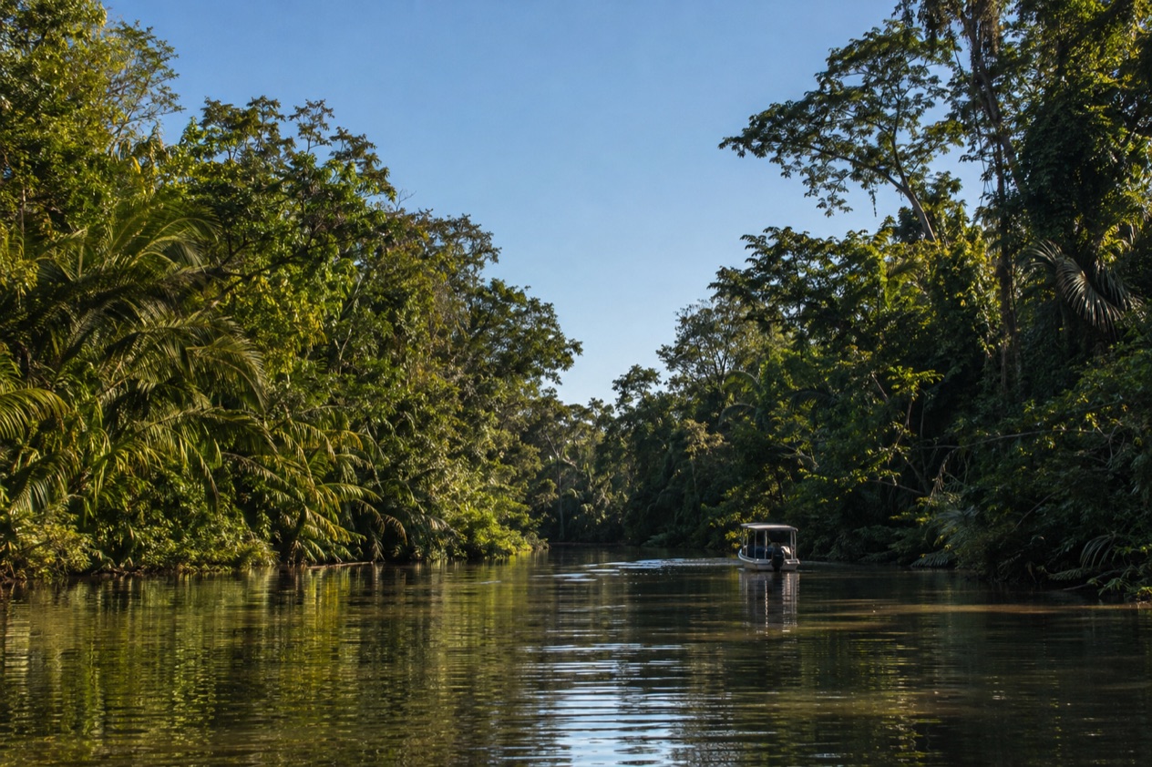 A canal through the rainforest at Tortuguero in the dry season