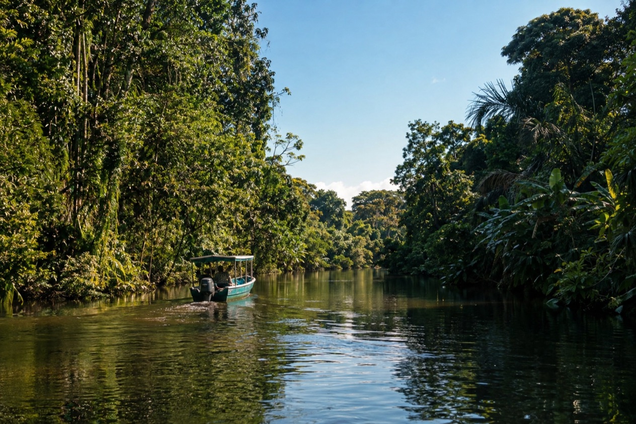 A canal through the rainforest at Tortuguero in the dry season