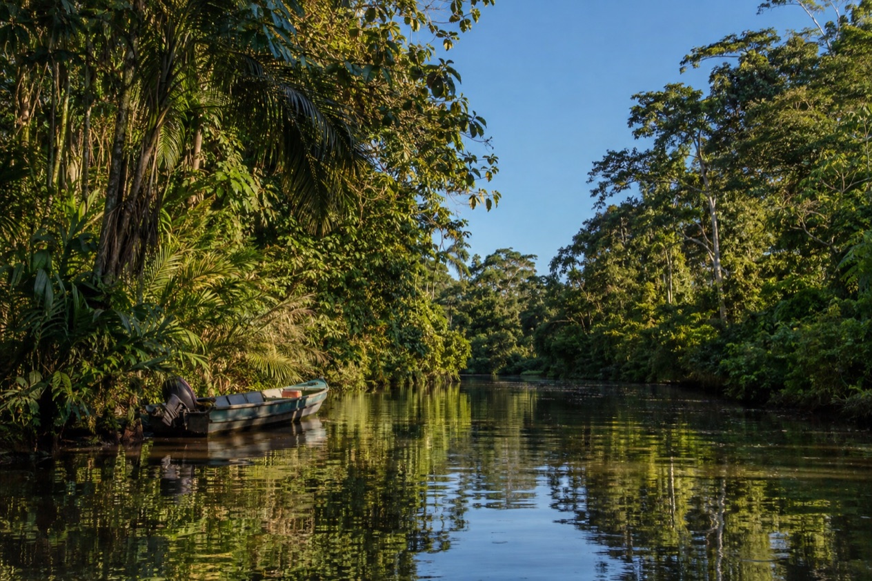 A canal through the rainforest at Tortuguero in the dry season