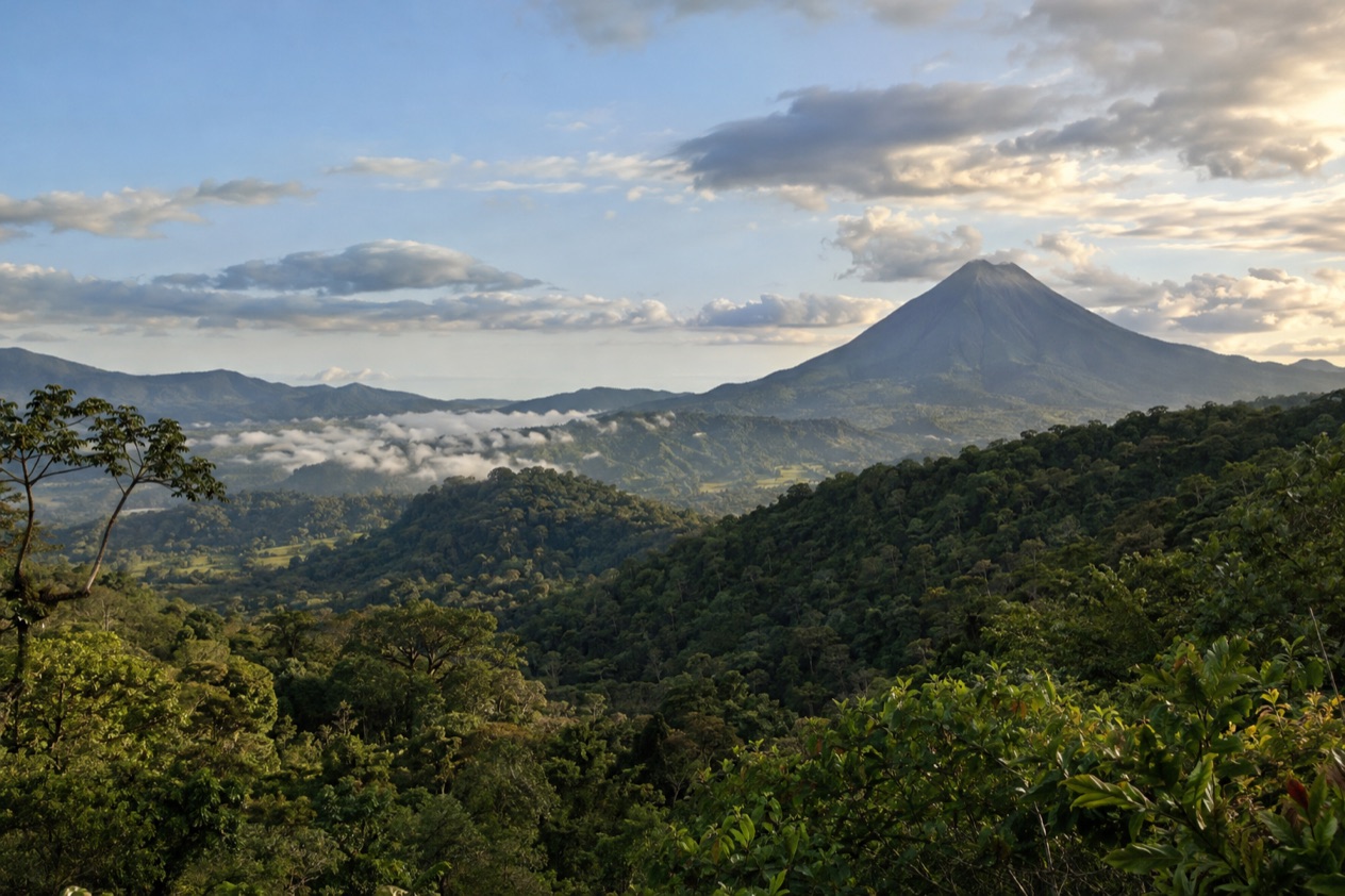 Green hills and a volcano in Costa Rica