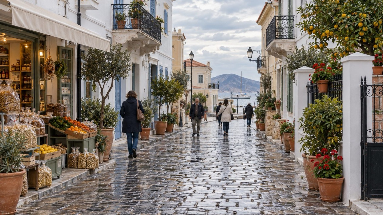 A street in Aegina and its neoclassical houses in winter
