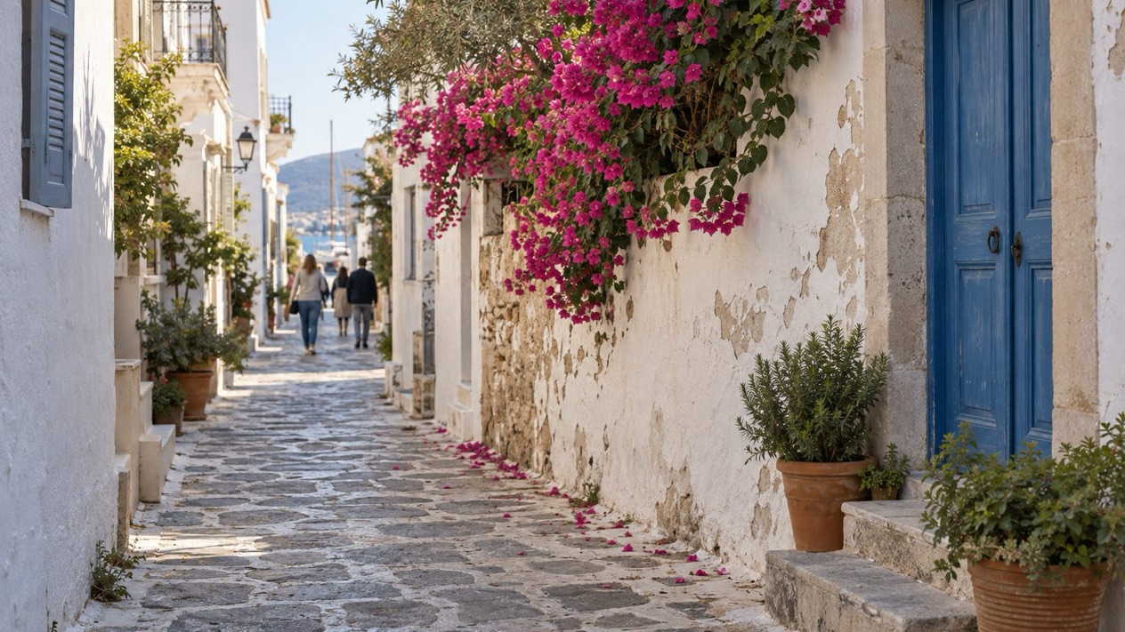 A white alley in Aegina in spring
