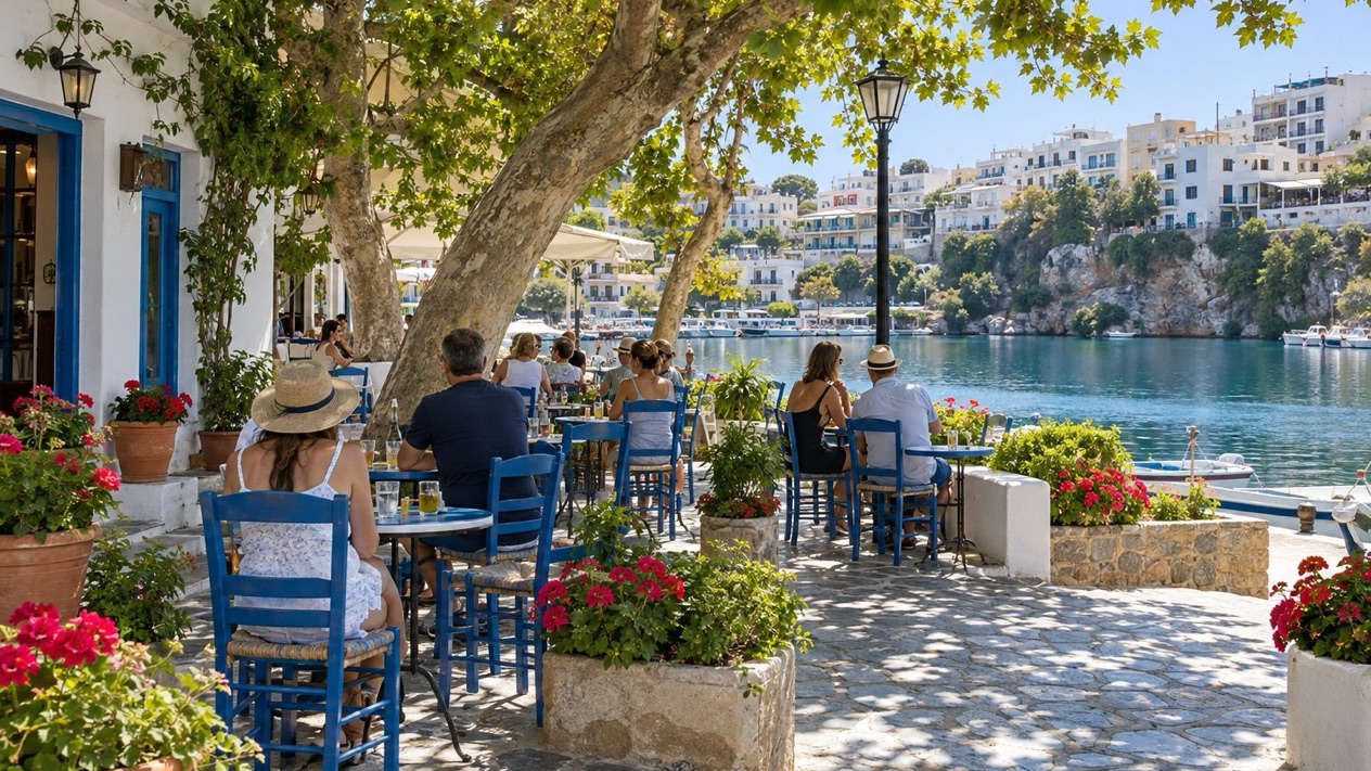 Shaded square by Lake Voulismeni, in Ágios Nikólaos, in summer
