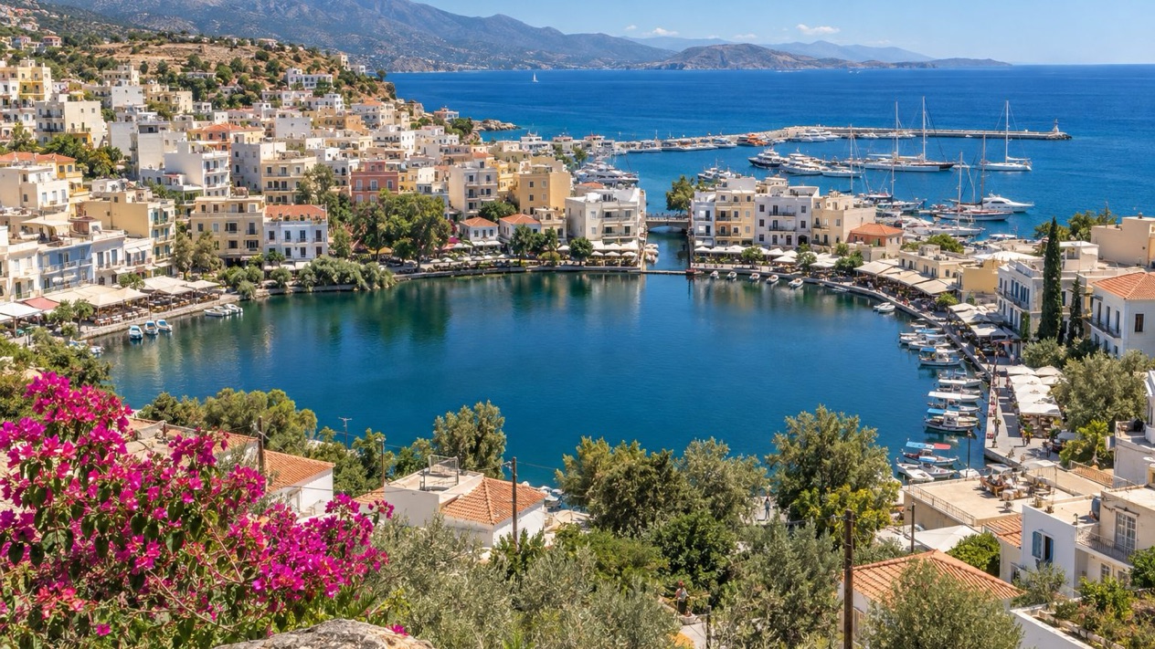 Lake Voulismeni and the port of Ágios Nikólaos, in Crete, in summer
