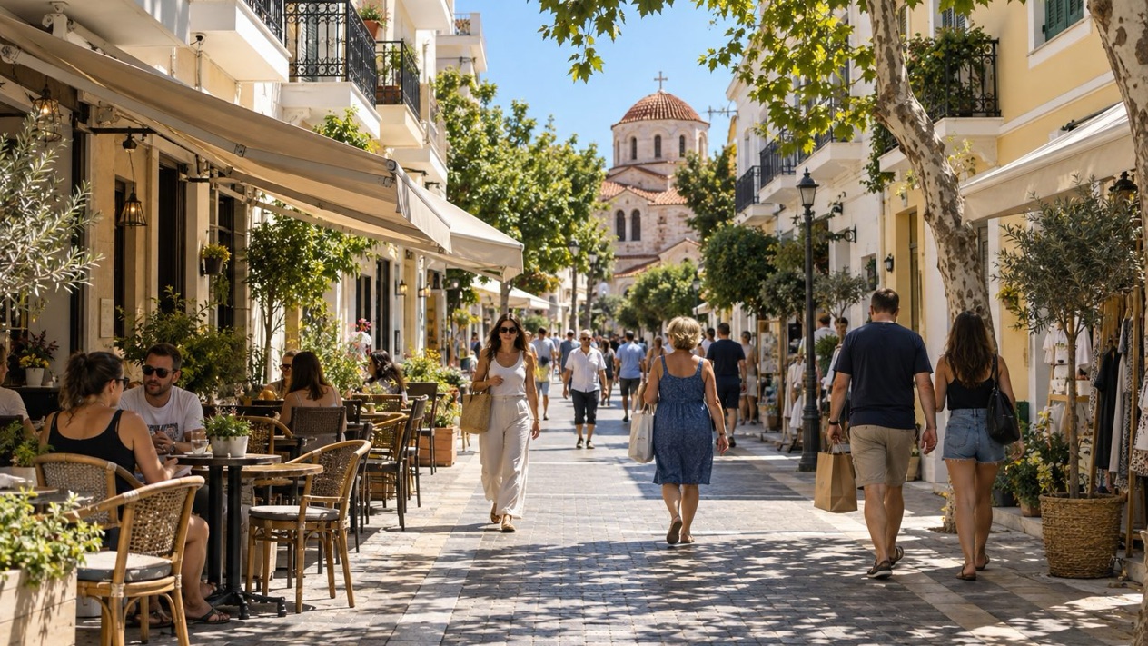 A lively street in Alexandroupoli, under the summer sun