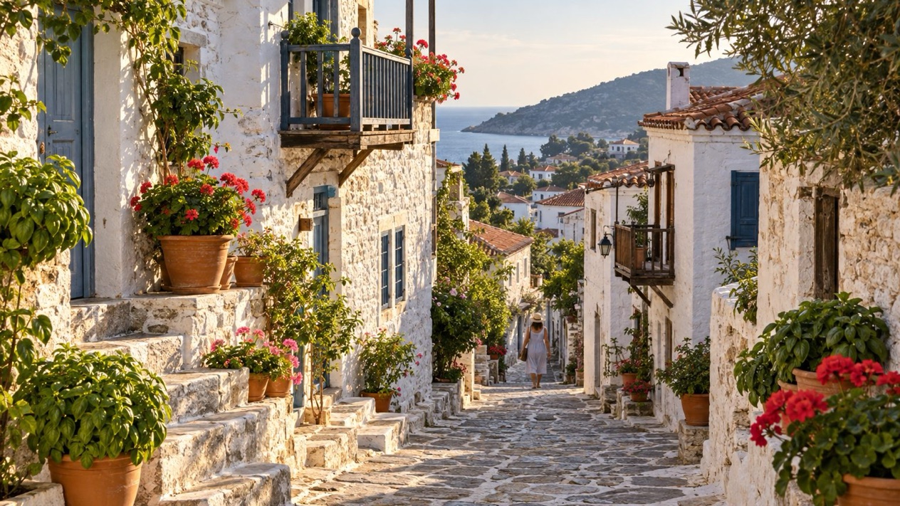 Paved alley of the old village of Alonissos, in summer