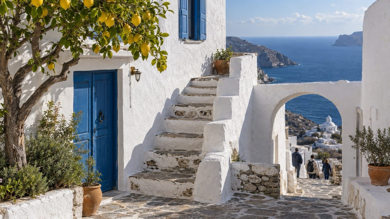 A white and blue courtyard in Amorgos under winter sun