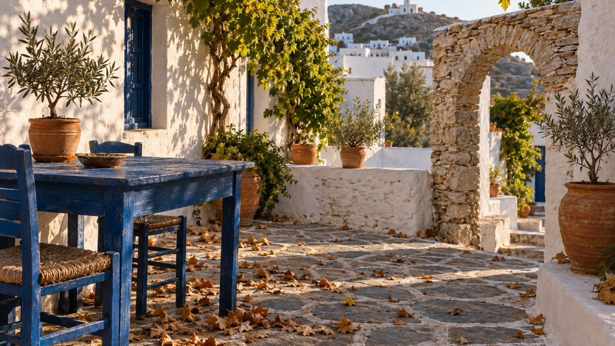 A detail of a paved courtyard in Amorgos in autumn