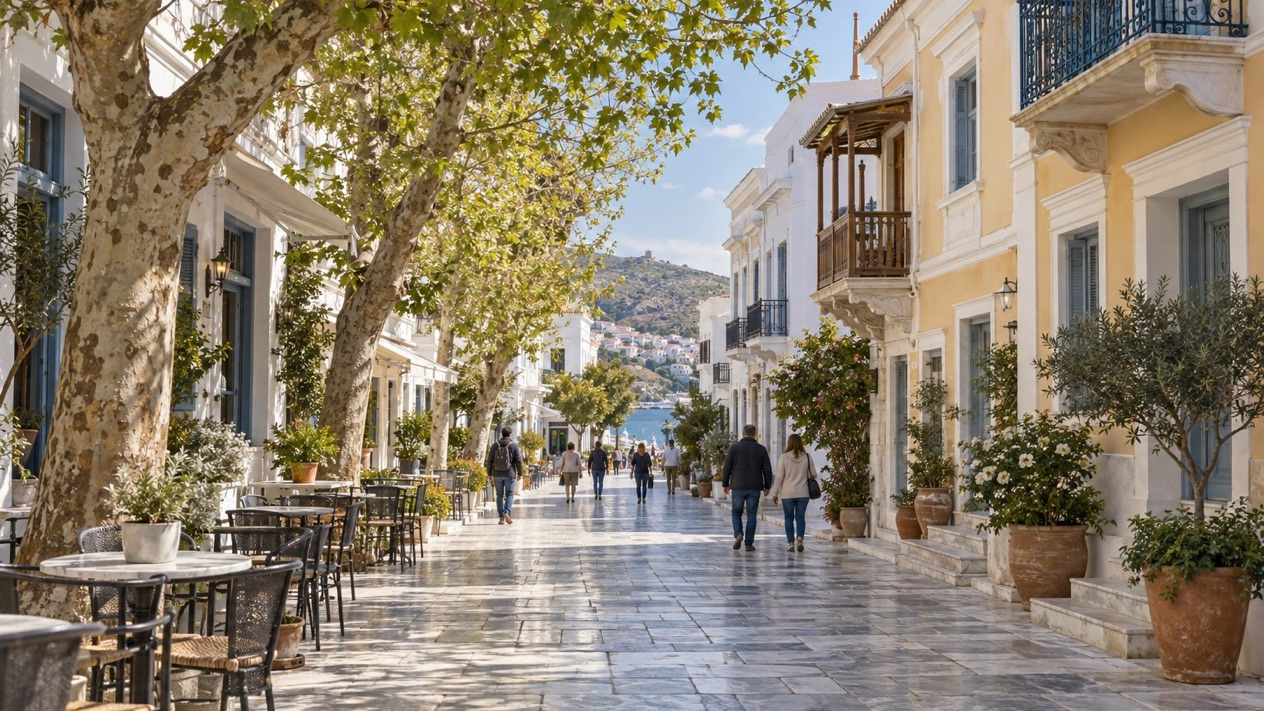 A marble-paved pedestrian street in Andros in spring