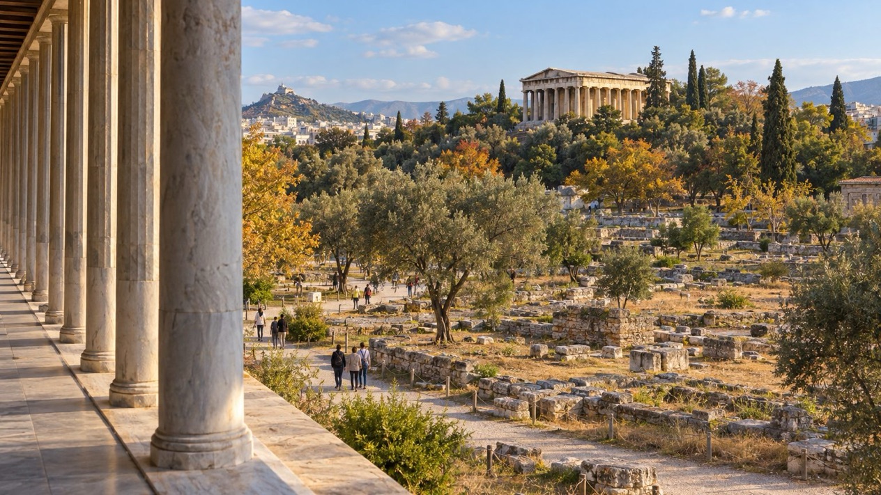 The Ancient Agora of Athens and the Temple of Hephaestus in autumn