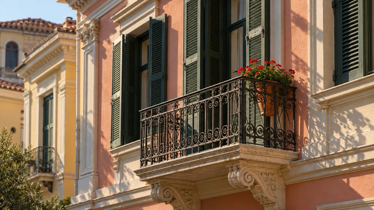 A neoclassical facade in the Ladadika district in summer