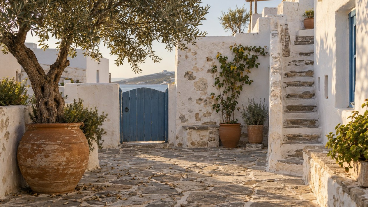 A paved courtyard in Antiparos with olive tree and blue gate in autumn