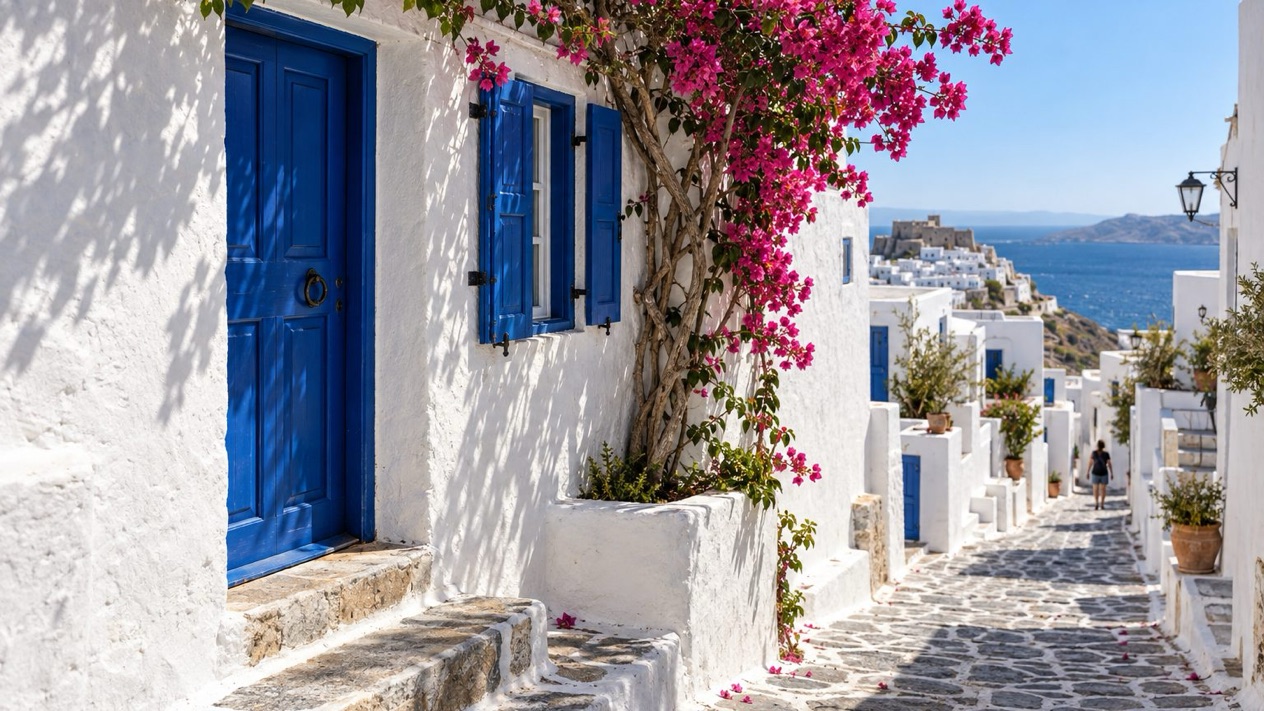 White and blue house in Chora, Astypalea, in summer
