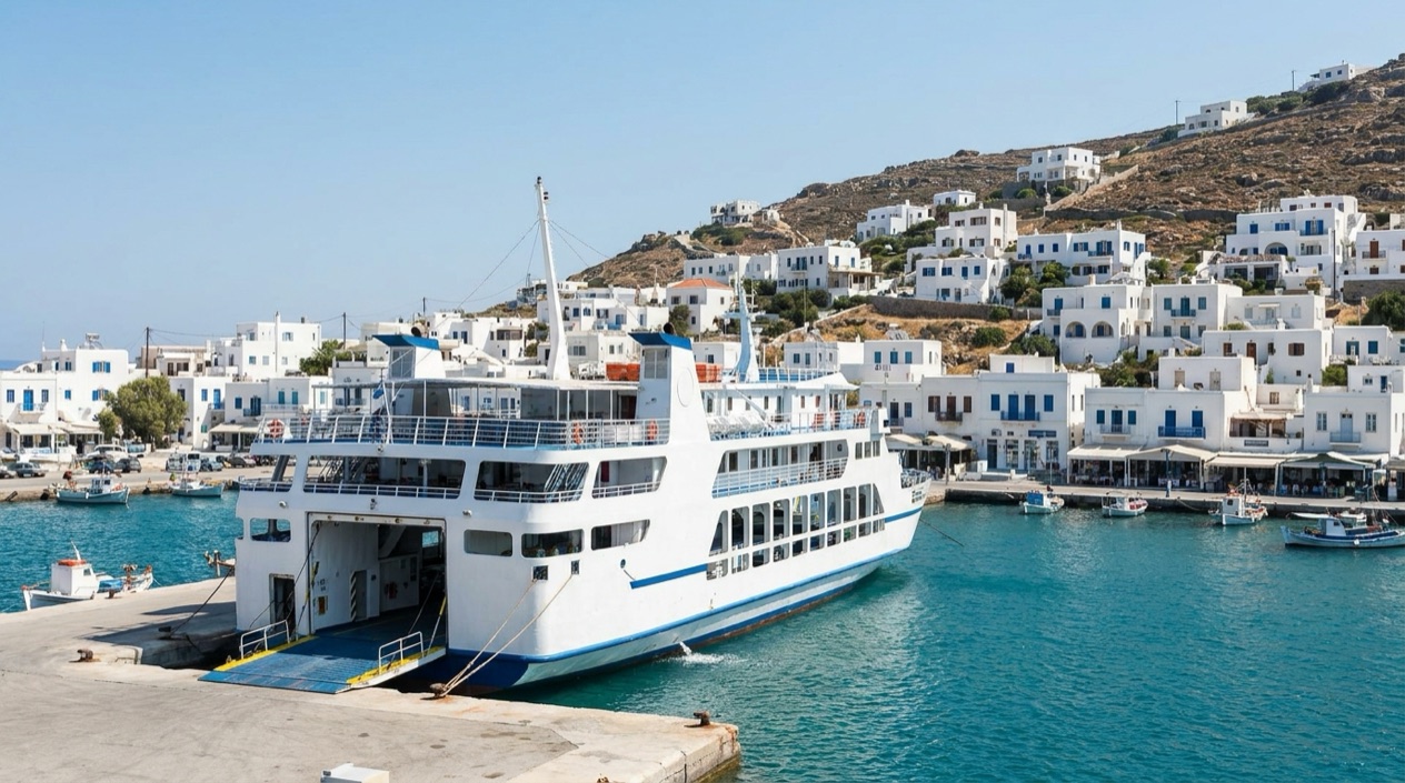 A ferry at a Greek island port