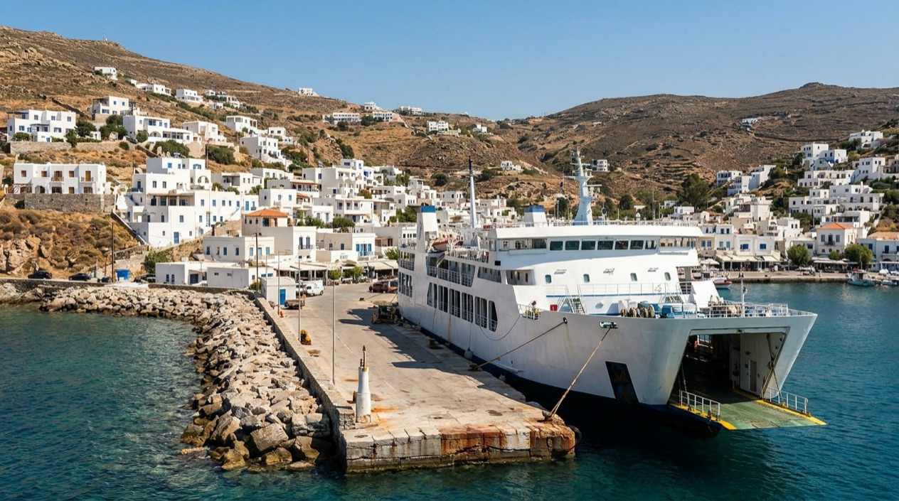 A ferry at a Greek island port