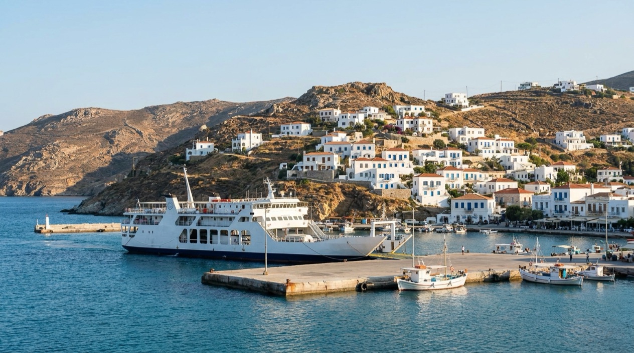A ferry at a Greek island port