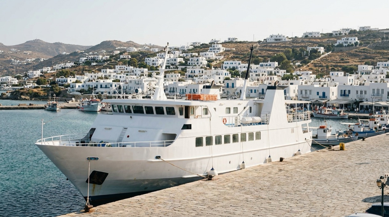 A ferry at a Greek island port