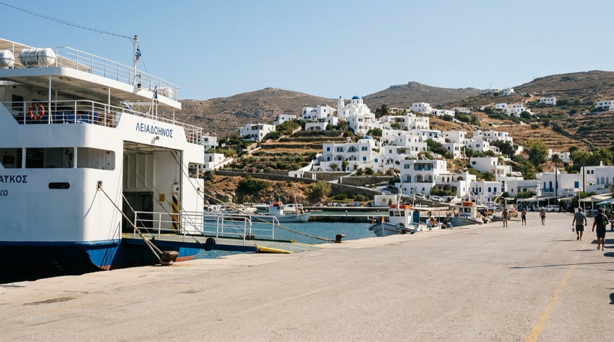A ferry at a Greek island port