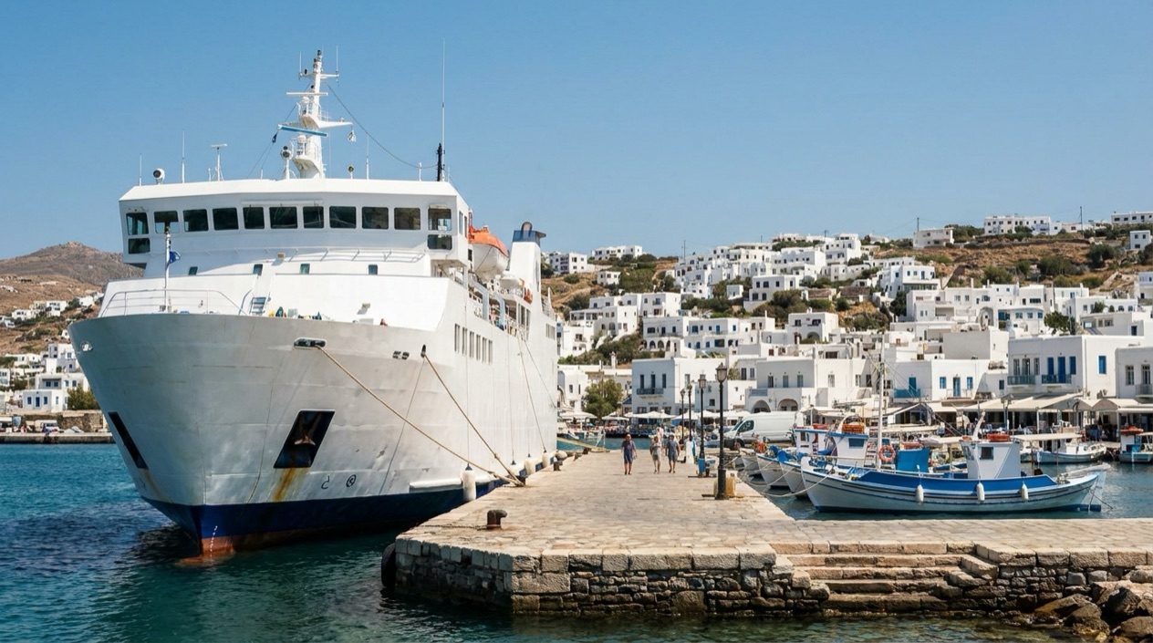 A ferry at a Greek island port