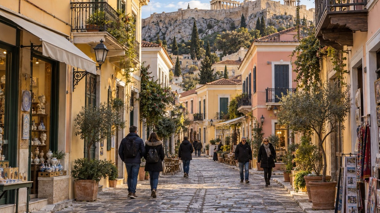 The alleys of Plaka at the foot of the Acropolis in winter