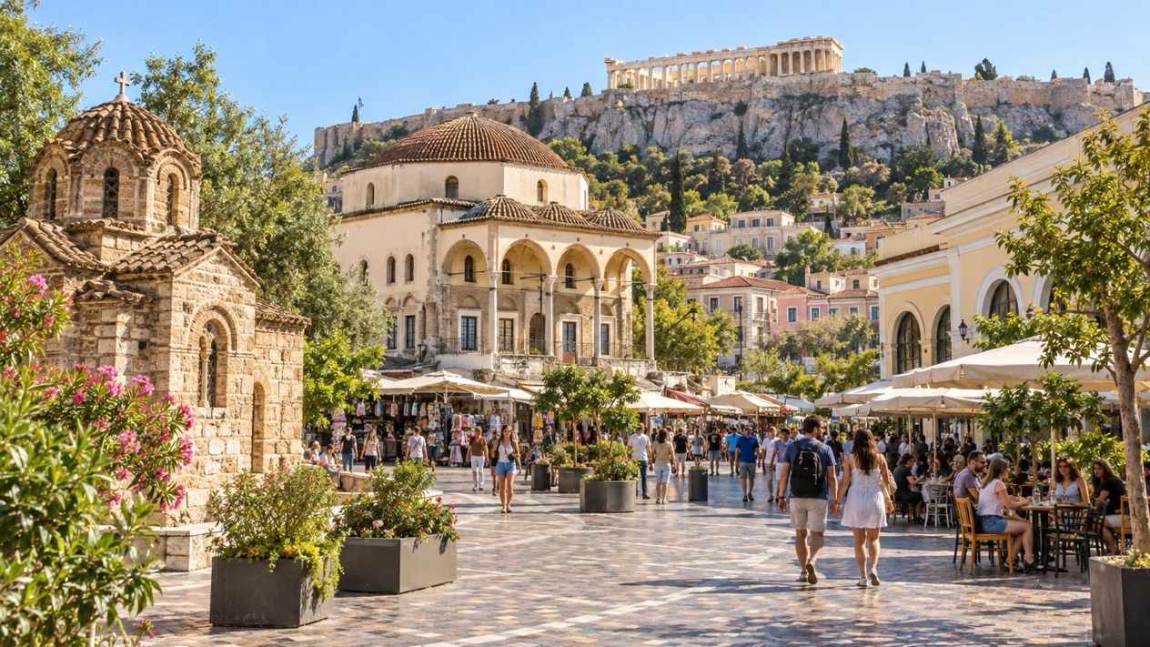 Monastiraki Square and the Acropolis in spring